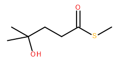 A chain of 5 carbons, carbon 1 attached by a double bond to oxygen, and is also attached to SCH3. At carbon 4 there is a methyl substituent as well as an OH group.